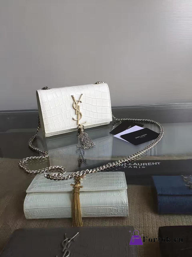YSL MONOGRAM KATE Tassel Crocodile Leather White 5005 17cm  - 1