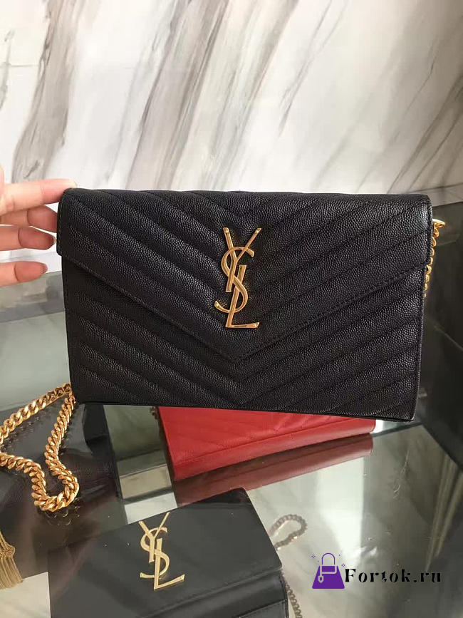YSL ENVELOPE Gold Chain Walltet Black 5092 22cm - 1