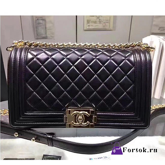 Chanel Quilted Lambskin Medium Boy Bag Gold Hardware Black A67086 25cm - 1