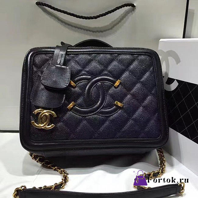 ChanelCaviar Quilted Small CC Filigree Vanity Case Blue VS08734 25cm - 1