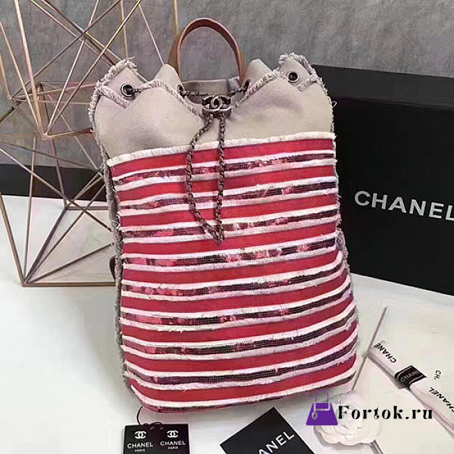 Chanel Canvas Sequins Drawstring Backpack Beige and Red A93671 40cm - 1