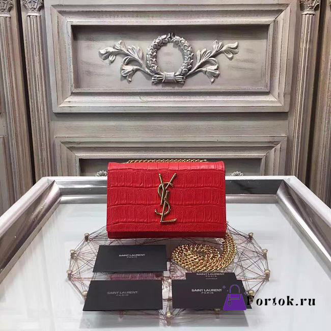 YSL MONOGRAM KATE EMBOSSED CROCODILE SHINY Red 4753 17cm  - 1