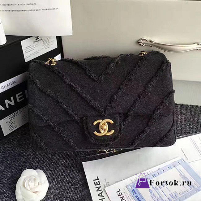 Chanel Black Canvas Patchwork Chevron Medium Flap Bag 040101 VS02373 - 1