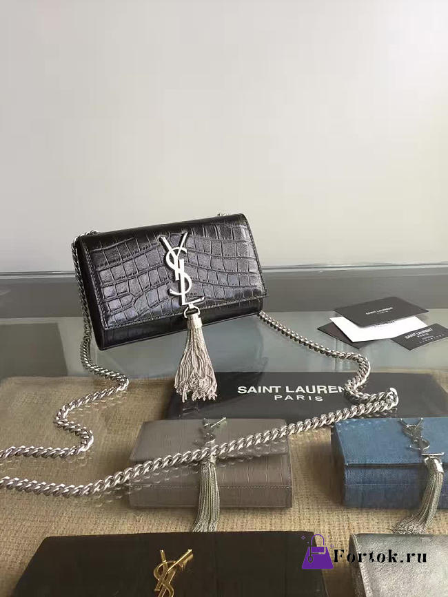 YSL MONOGRAM KATE Silver Tassel Crocodile Black 4770 17cm  - 1