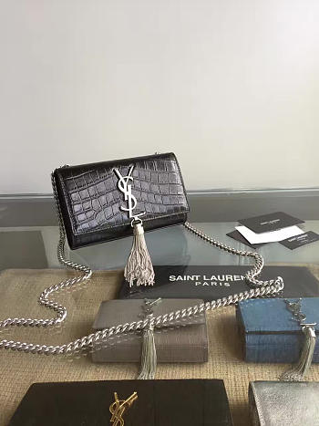 YSL MONOGRAM KATE Silver Tassel Crocodile Black 4770 17cm 