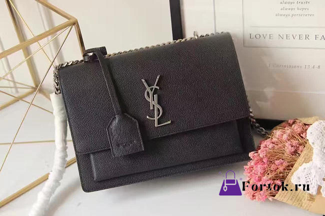 YSL SUNSET Medium Crocodile Embossed Shiny Black 4833 22cm  - 1