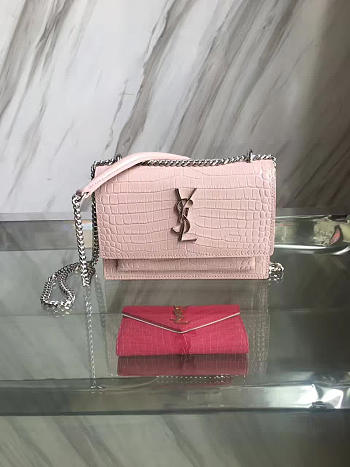 YSL SUNSET Chain Wallet Crocodile Embossed Shiny Pink 4846 17cm 