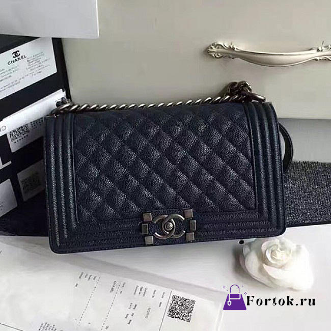 Chanel Quilted Caviar Medium Boy Bag Blue 180301 25cm - 1