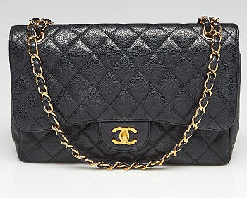 CHANEL Large Classic Handbag Grained Calfskin Gold Black 30cm