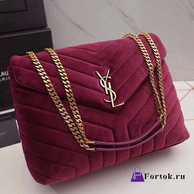 YSL LOULOU Monogram Quilted Velvet Large Red Wine 4801 30cm - 1