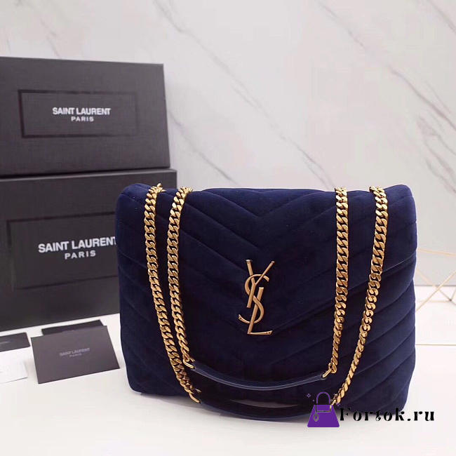 YSL LOULOU Monogram Quilted Velvet Shoulder Bag Large Blue 4811 30cm - 1