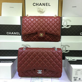 CHANEL Caviar Leather Flap Bag Gold / Silver Maroon Red 33cm 