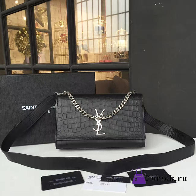 YSL MONOGRAM KATE CROCODILE EMBOSSED SHINY Black 4752 24cm  - 1