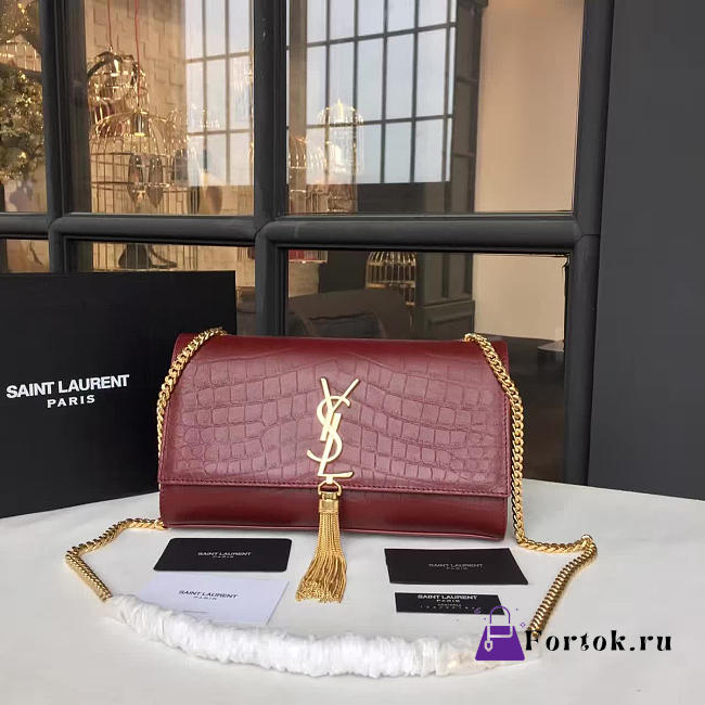 YSL MONOGRAM KATE IN EMBOSSED CROCODILE SHINY Red Wine 4765 24cm  - 1