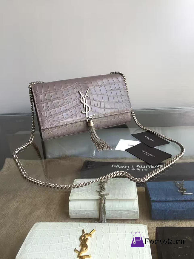 YSL MONOGRAM KATE Silver Tassel in Embossed Crocodile Shiny Gray 5038 24cm - 1