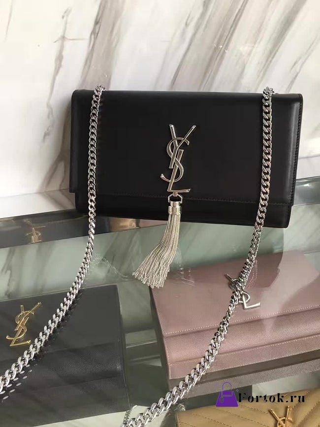 YSL Medium KATE Silver Tassel in Black Leather 5047 24cm - 1