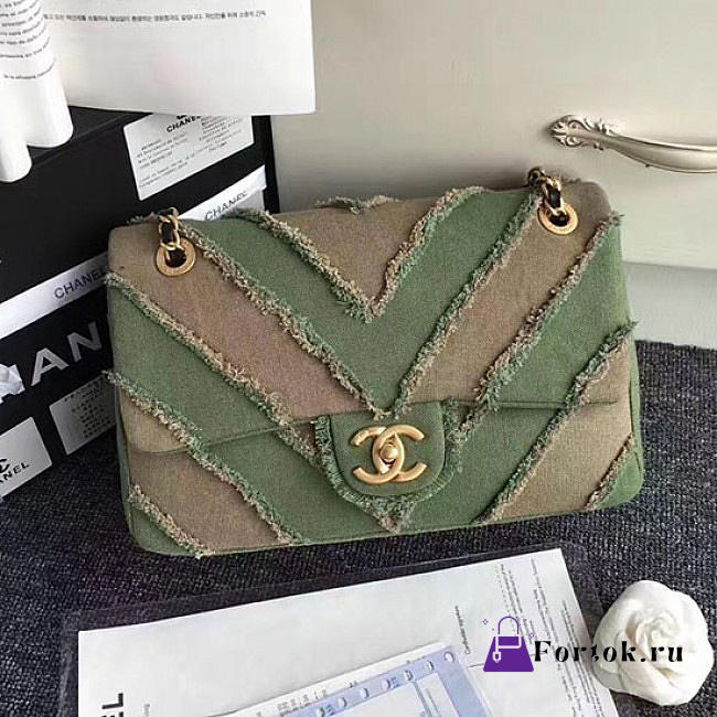 Chanel Canvas Patchwork Chevron Medium Flap Bag Khaki 040101 VS06628 - 1