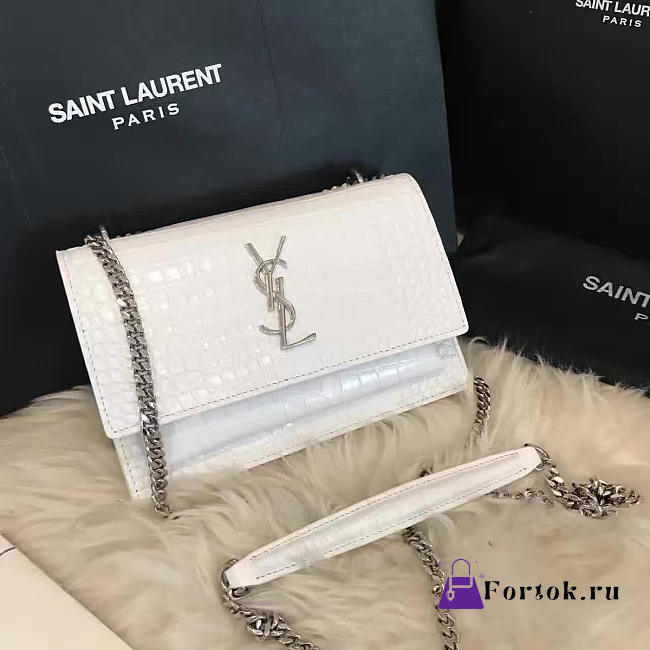 YSL SUNSET Chain Wallet Crocodile Embossed Shiny White 4834 17cm  - 1