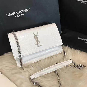 YSL SUNSET Chain Wallet Crocodile Embossed Shiny White 4834 17cm 