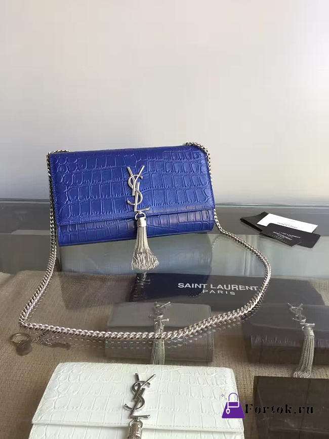 YSL MONOGRAM KATE Silver Tassel in Embossed Crocodile Shinny Blue 5041 24cm - 1
