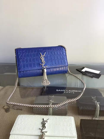 YSL MONOGRAM KATE Silver Tassel in Embossed Crocodile Shinny Blue 5041 24cm