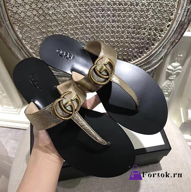 GUCCI New Ladies Sandals Black Gold Belt  - 1