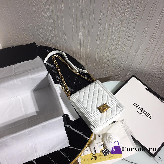 Boy Chanel Handbag White Gold Hardware Grained Calfskin 19.5cm  - 1