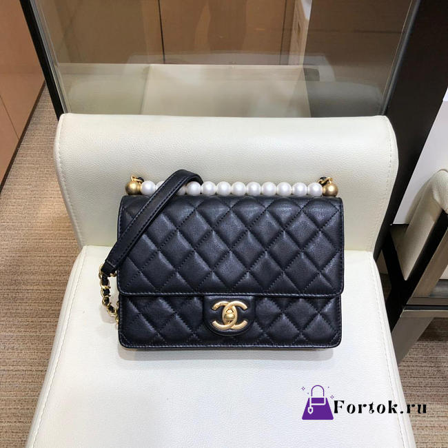 Chanel Flap Bag Pearl Lambskin Black AS0585 21cm  - 1