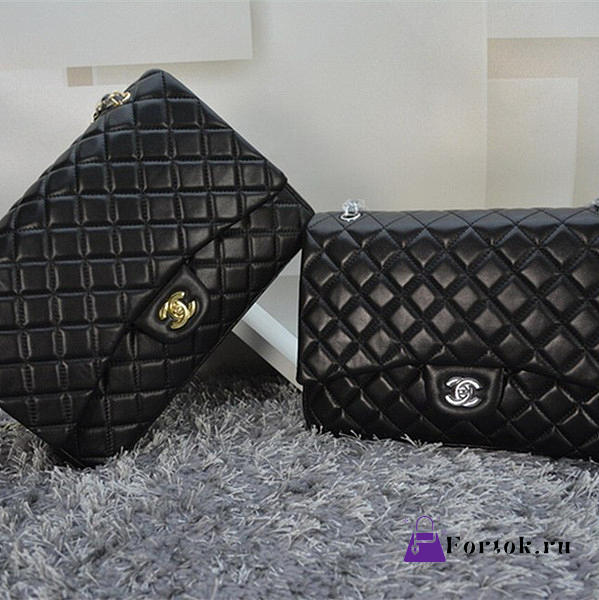 CHANEL Lambskin Leather Flap Bag Gold / Silver Hardware Black 33cm  - 1