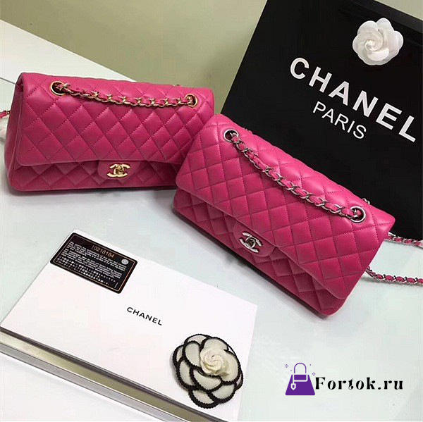 CHANEL Lambskin Leather Flap Bag Gold/Silver Rose Red 25cm - 1