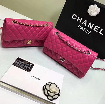 CHANEL Lambskin Leather Flap Bag Gold/Silver Rose Red 25cm