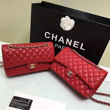 CHANEL Lambskin Leather Flap Bag Gold/Silver Red 25cm