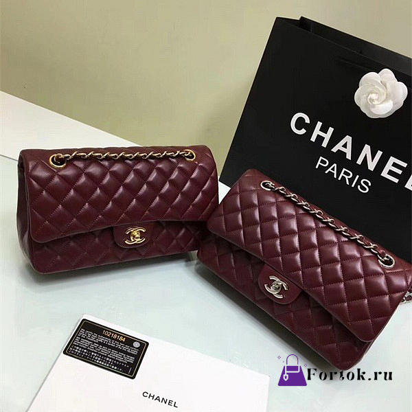 CHANEL Lambskin Leather Flap Bag Gold/Silver Wine Red 25cm - 1