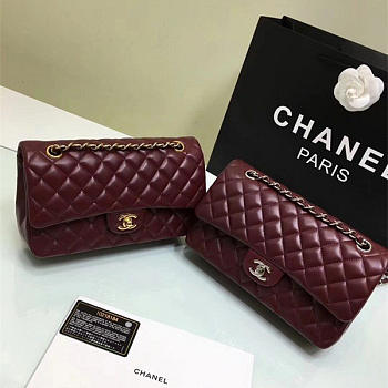 CHANEL Lambskin Leather Flap Bag Gold/Silver Wine Red 25cm