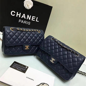 CHANEL Calfskin Leather Flap Bag Gold royalblue 25cm