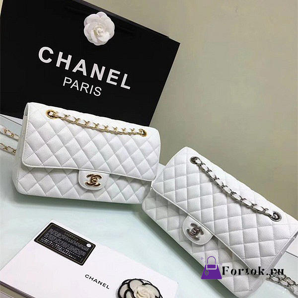 CHANEL Calfskin Leather Flap Bag Gold White 25cm - 1