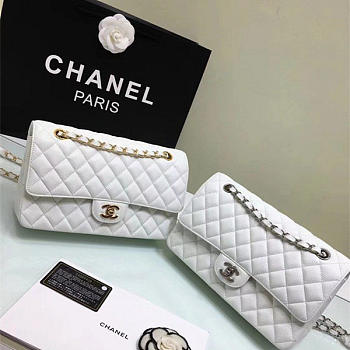 CHANEL Calfskin Leather Flap Bag Gold White 25cm