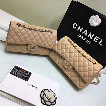 CHANEL Lambskin Leather Flap Bag Gold/Silver Beige 25cm