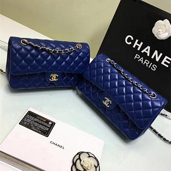 CHANEL Lambskin Leather Flap Bag Gold/Silver Blue 25cm