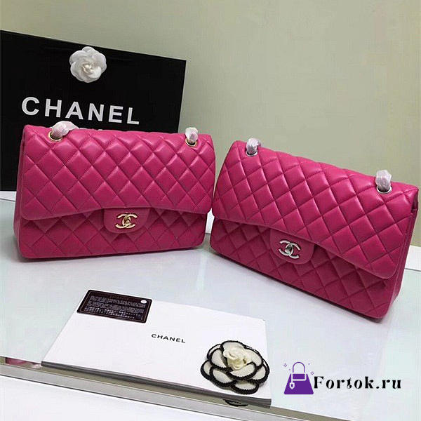CHANEL Lambskin Leather Flap Bag Gold/Silver Rose Red 30cm - 1