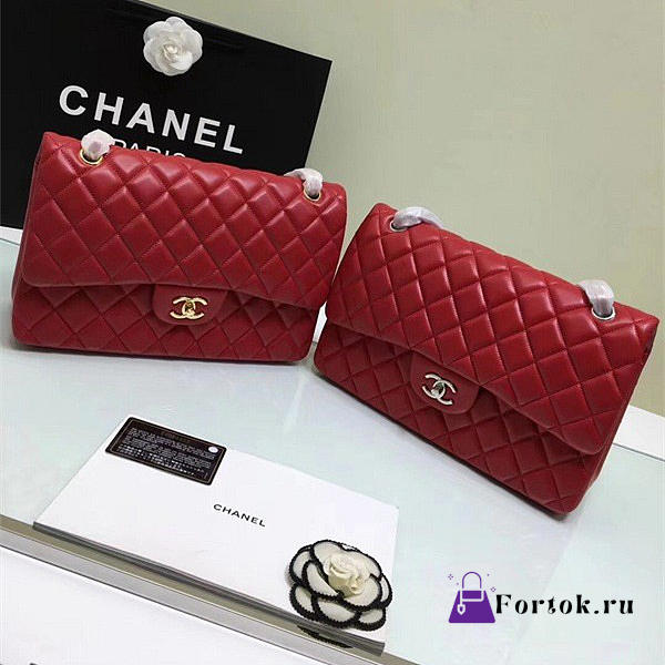 CHANEL Lambskin Leather Flap Bag Gold/Silver Red 30cm - 1