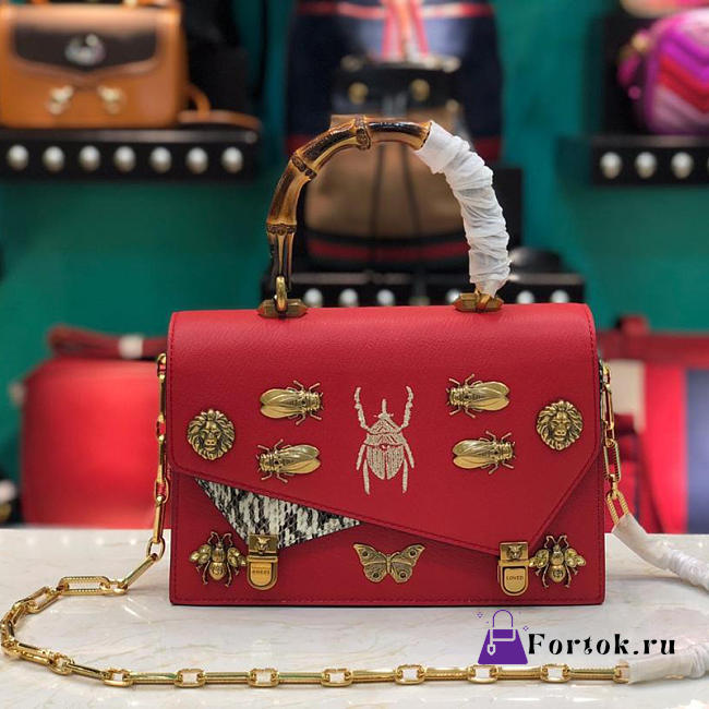 GUCCI Bamboo Handle Insect Printing Red - 1