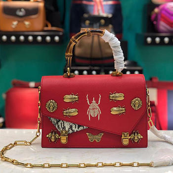 GUCCI Bamboo Handle Insect Printing Red