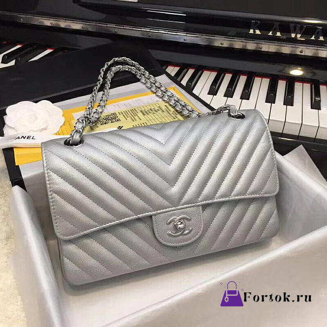 Chanel Chevron Quilted Silver Calfskin Leather 25cm - 1