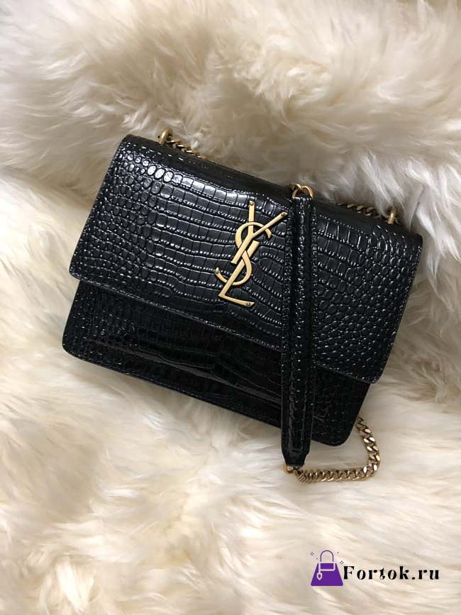 YSL Monogram KATE in Embossed Crocodile Shiny Black 22cm - 1