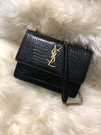 YSL Monogram KATE in Embossed Crocodile Shiny Black 22cm