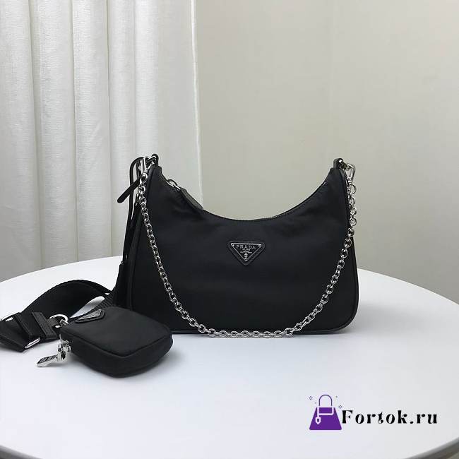 PRADA Nylon Hobo Crossbody Black 01 1BH20 22cm - 1