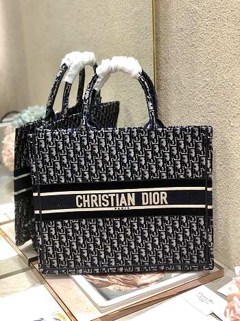 DIOR Small BOOK TOTE Embroidered Oblique Blue Velvet M1286 