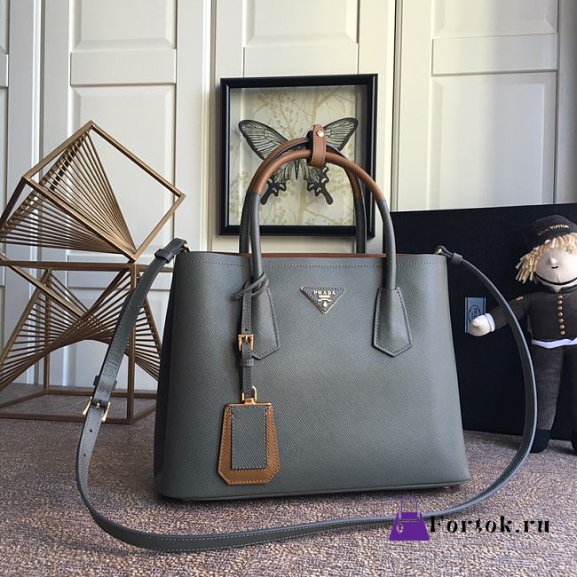 PRADA Medium Saffiano Leather Double Prada Bag Gray 1BG775 33cm - 1