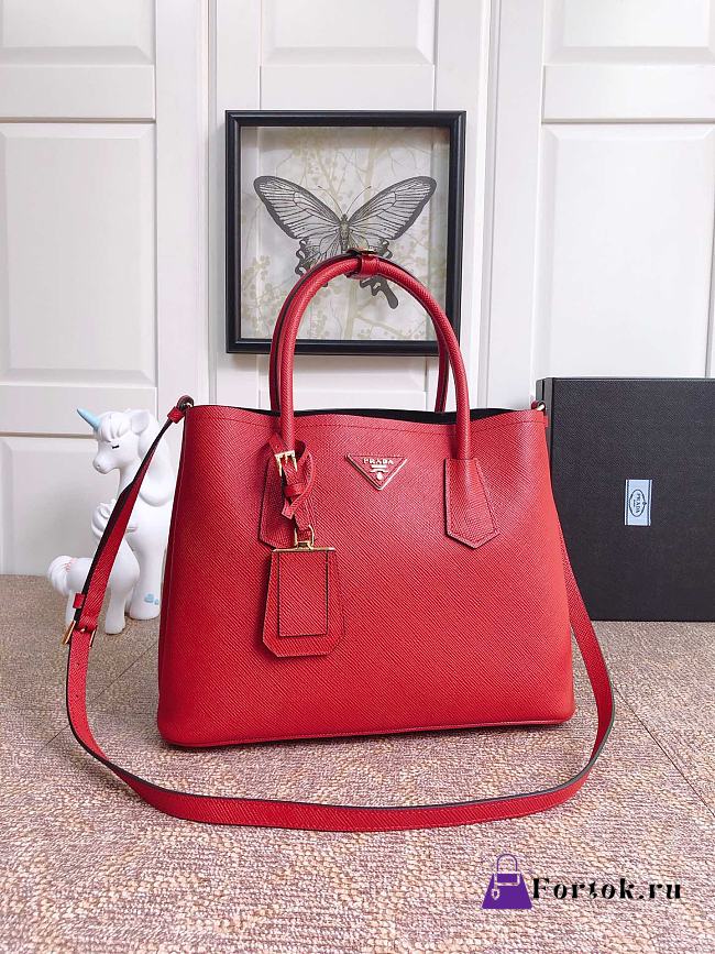 PRADA Medium Saffiano Leather Double Prada Bag Red 1BG775 33cm - 1